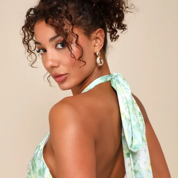Lulus Glowing Presence Light Green Floral Satin Halter Maxi Dress - Size S - Picture 4 of 4